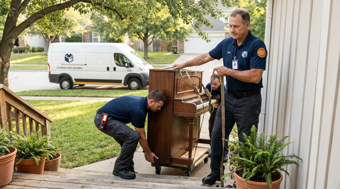 Licensed piano movers securing grand piano in Continental, OH